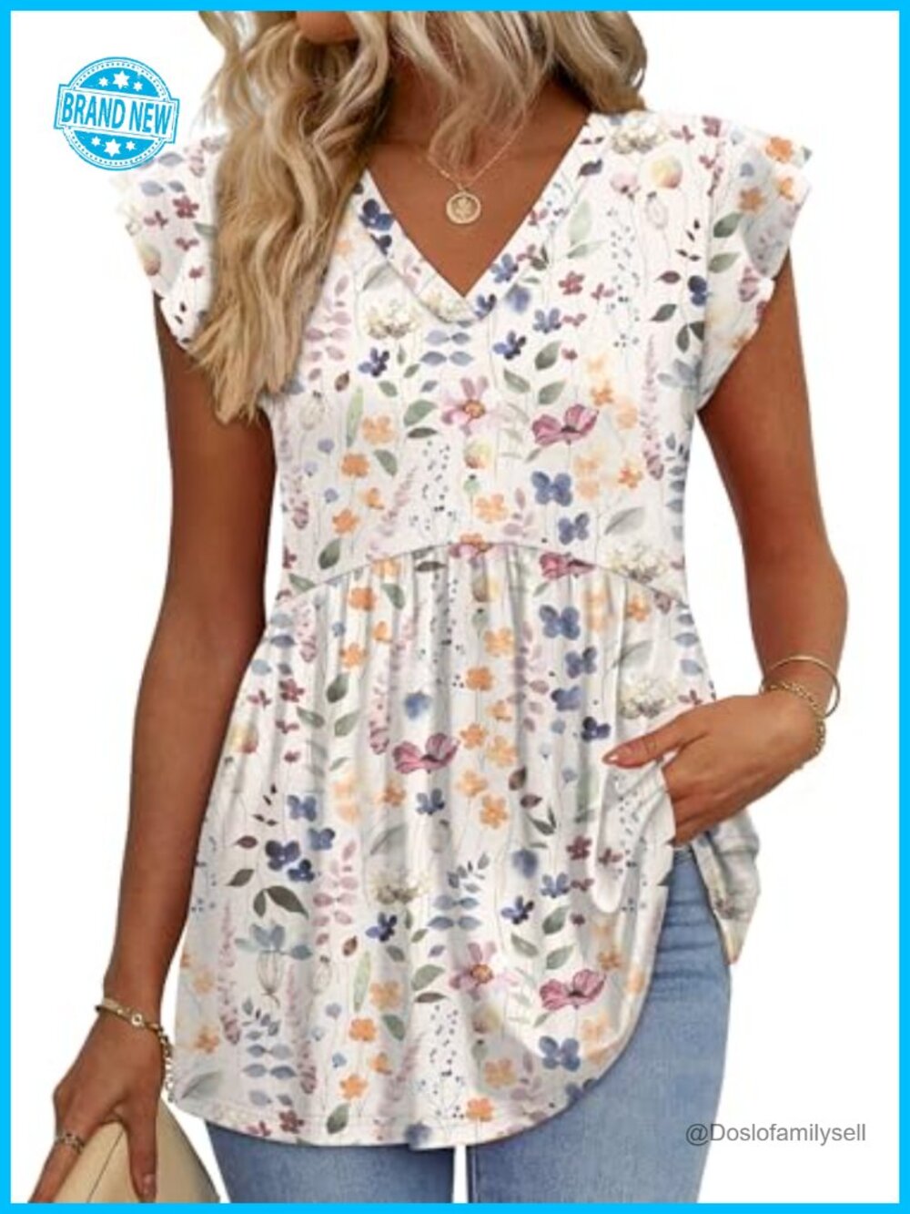 Womens Babydoll Top Ruffle Sleeve V Neck Flowy Summer Blouse